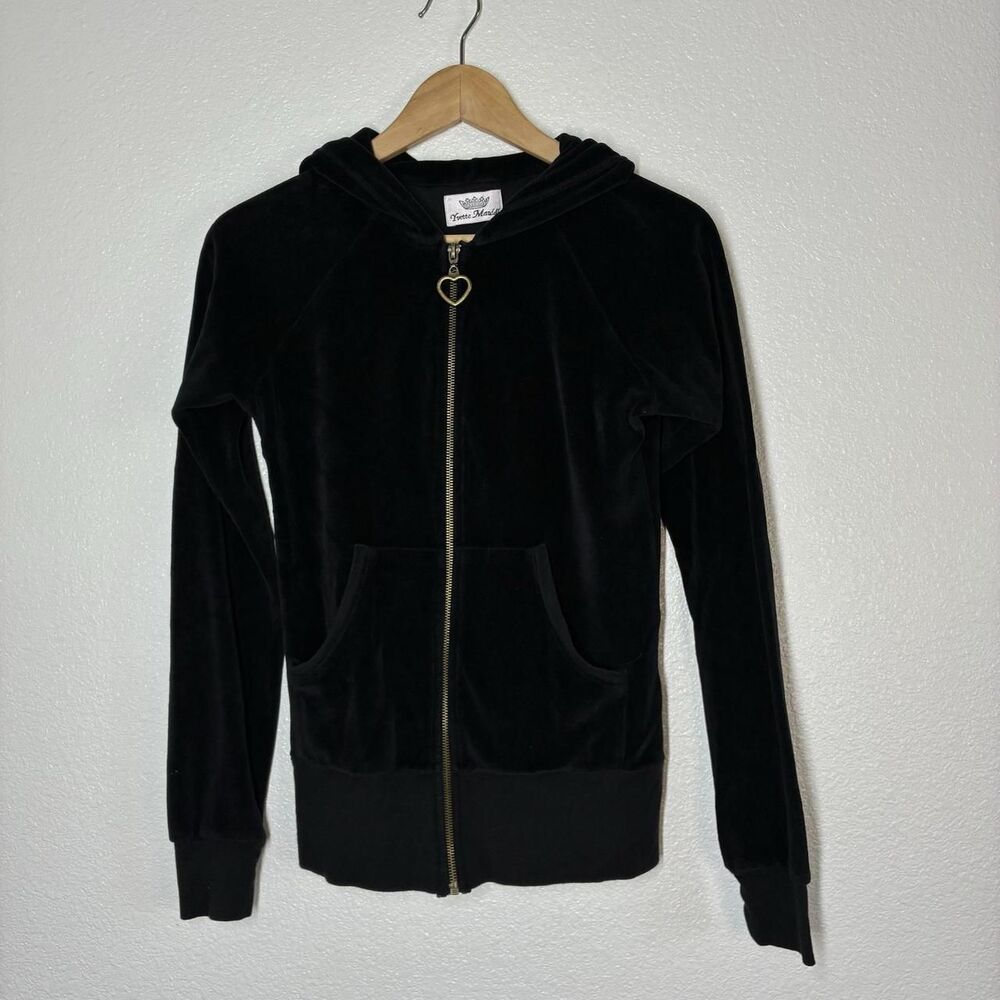 Yvette Mandell Hoodie Womens M Black Velour Full Zip Jeweled Crown Graphic y2k - Picture 2 of 8